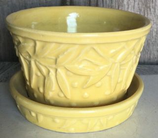 Vintage Mccoy Pottery Yellow Flower Pot W/attached Saucer