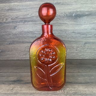 Vintage Tangerine Stelvia Blenko Glass Flower Decanter Italian Mid Century 14”