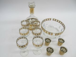 22k Gold Vintage Culver Valencia Set - Decanter,  Wine & Shot Glasses,  Salad Bowl