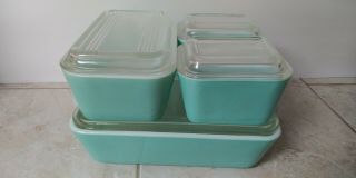 Vintage Pyrex Aqua/turquoise 8pc Refrigerator Dish Set Fridgies Teal Blue