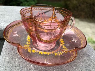Antique Moser Cranberry Glass Demitasse Cup & Saucer Hand - Painted W/gold Gilding