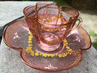 Antique MOSER Cranberry Glass Demitasse Cup & Saucer Hand - Painted w/Gold Gilding 2