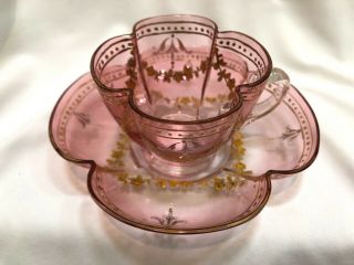 Antique MOSER Cranberry Glass Demitasse Cup & Saucer Hand - Painted w/Gold Gilding 3