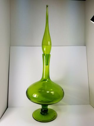 Vintage Blenko Mid Century Modern Green Footed Glass Decanter With Stopper