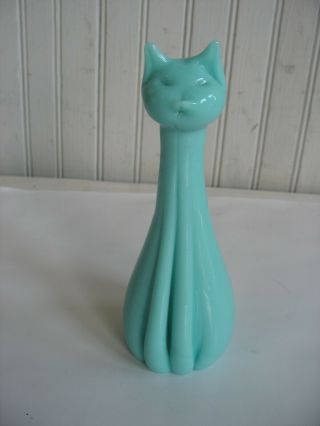 Vtg 6 " Mcm Aqua Blue Cat Figurine Milk Glass Opaline French? Portieux & Vallerys