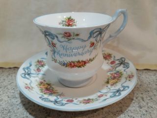 Queens Rosina Fine Bone China Tea Cup/ Saucer Happy Anniversary Blue Bows Roses