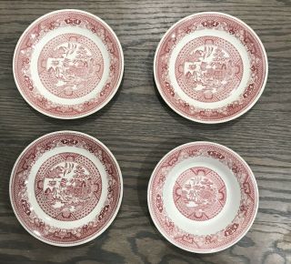 Set Of 3 Pink / Red Vintage Willow Ware By Royal China Saucers & 1 Bowl