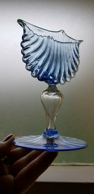 Blue And Clear Murano Glass Scallop - Shell Vase By Antonio Salviati C.  1880 - 1895