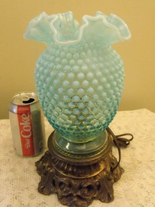 Fenton Glass Blue Hobnail Torch Style Lamp On Signed Brass Reticulated Base 11 "