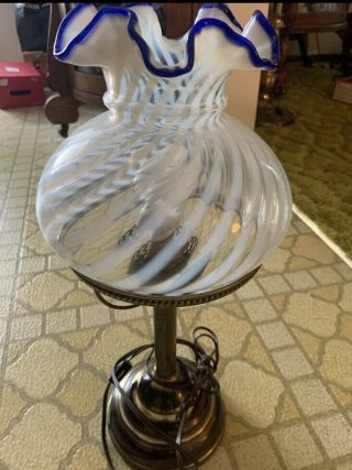 Vintage Fenton Opalescent White Swirl Glass Lamp With Blue Trim