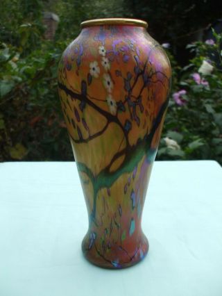 Signed Iridescent Okra Glass 8 1/4 " Forest Fire Vase.