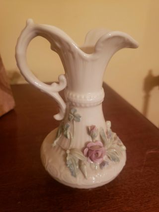 Vintage Belleek Fine Porcelain 7 " Embossed Floral Roses Overlaid Pitcher Vase