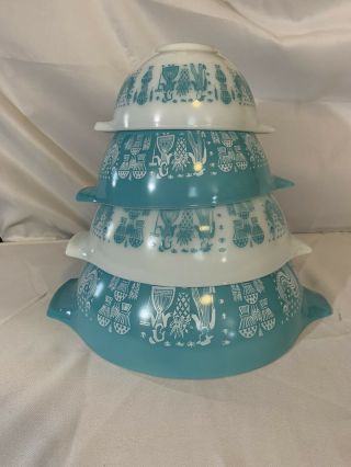 Vintage Pyrex Amish Butterprint Cinderella Turquoise Mixing Bowls Set Of 4