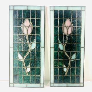 Vintage Pink Tulip Stained Glass Window Panels Set Of 2 Measuring 18 5/8 X 8 In