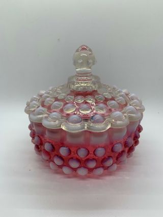 Fenton Hobnail Cranberry Opalescent Covered Candy Dish Htf