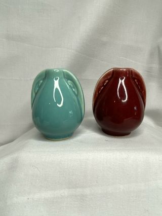 2 Shawnee Usa Pottery Turquoise & Maroon Mini Miniature Vases Figurine