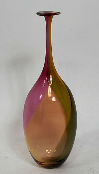 Kosta Boda Signed " Kjell Engman " Skinny Neck 14.  5 " Fidji Art Glass Rainbow Vase