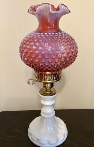 Vintage Fenton Art Glass Cranberry Opalescent Hobnail Lamp Z3