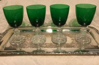 Set Of 4 Fostoria Green American Lady Water Goblets 6” Crystal Glass Stems Rare