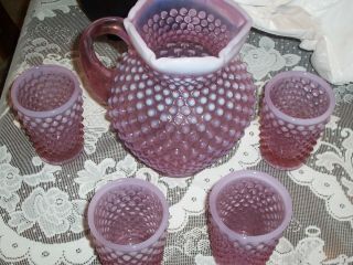 Fenton Hobnail Pitcher And 4 Glasses Opalescent 9” Tall