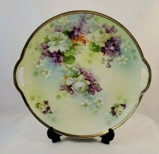 Silesia 10 " Round Serving Plate With Handles Hand Painted Green Roase & Violets