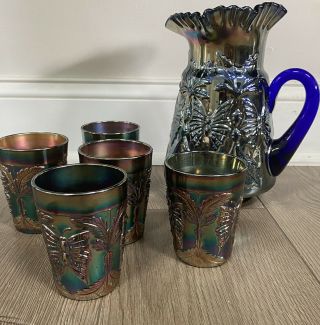 Rare Fenton Cobalt Blue Carnival Glass Butterfly And Fern Pitcher & 5 Tumblers