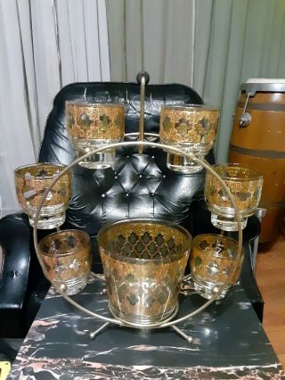 Culver Valencia Mid Century Modern 22k Gold Ice Bucket 6 Cocktail Glasses Caddy