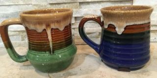 Vintag Set Of 2 Ceramic Blue Green Drip Glazed 4 " Coffee Mugs Taiwan Euc Boho