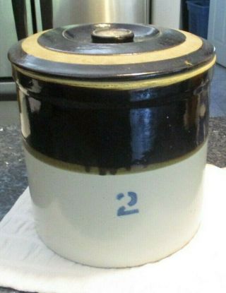 Vintage Stoneware 2 Gallon Crock Two Tone Brown White 2 W Lid