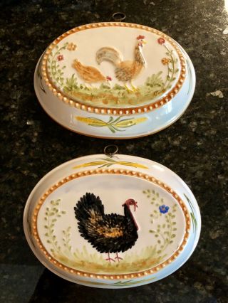 Vintage Made In Portugal Handpainted Molds,  Rooster/ Hen And Turkey