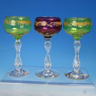 St Louis Crystal - Micado Gold Scrolls Bubble In Stem - 2 Green 1 Red Wine Glass