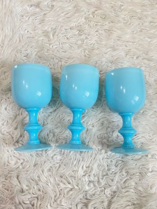 Portieux Vallerysthal Blue Milk Glass Goblet 6 1/2” Set Of 3