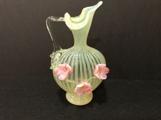 Victorian Stevens And Williams Vaseline Opalescent Ewer With Applied Pink Flower