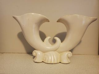 Vintage Bauer Pottery Double Vase Off White Tulip/trumpet Wide Mouth Cornucopia