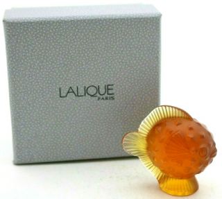 Striking Lalique France Crystal Amber Puffer Fish Glass Art Sculpture