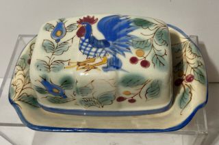 Hand Painted Vintage Nasco Covered Butter Dish Rooster Made In Japan Blue Beige