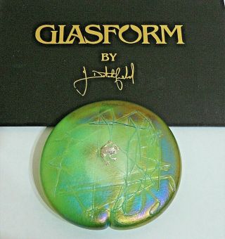 John Ditchfield " Glasform " Green Lilypad With Silver Frog Paperweight,  Bag