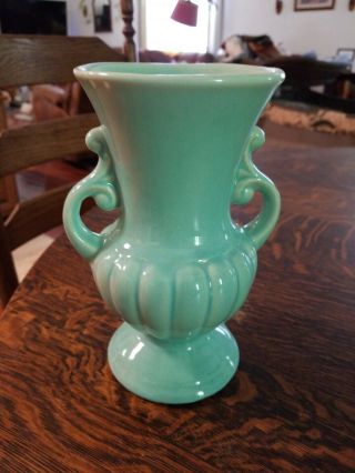 Vintage Usa Green Ceramic 8 " Vase - Urn W Handles,  Shawnee? Mccoy?