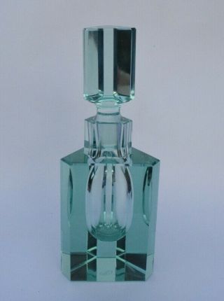 Mid - Century Signed Moser Czech Art Glass Beryl Blue - Green 9 3/4 " Perfume Bottle