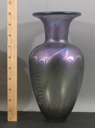 Signed Robert Held Hand Blown Studio Art Glass Iridescent Pulled Feather Vase