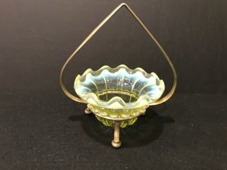 Victorian Vaseline Opalescent John Walsh Sweet Meat Dish In Plated Stand