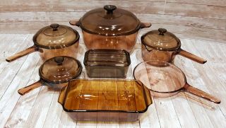12 Pc Visions Visionware Corning Ware Amber Glass Cookware - Saucepans,  Skillet