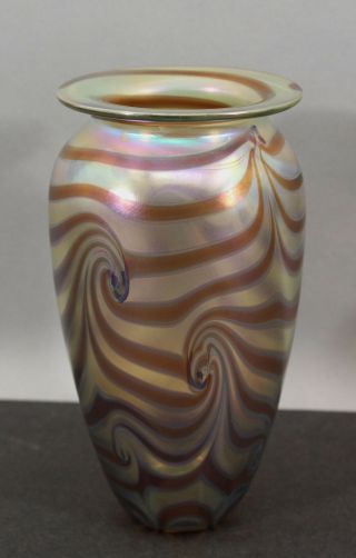 Robert Eickholt Blown Studio Art Glass Iridescent Pulled Feather Hand Vase 2
