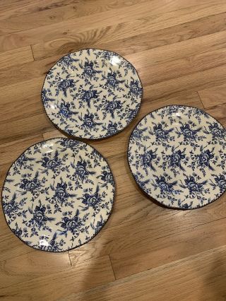 Set Of 3 Wood & Sons Colonial Blue White Rose Floral Dinner Plates England