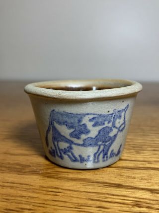 Miniature Beaumont Brothers Salt Glazed Pottery Cobalt Blue Cow Bowl 2 1/8 "