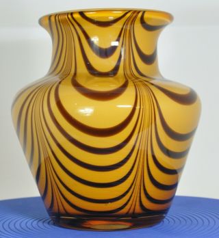 Yellow / Brown Pulled Feather Studio Art Glass Vase Rare Find