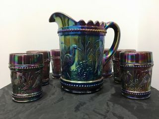 L.  G.  Wright Stork Rushes Water Pitcher Tumbler Set Amethyst Carnival Glass 7 Pc