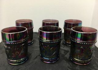 L.  G.  Wright Stork Rushes Water Pitcher Tumbler Set Amethyst Carnival Glass 7 pc 2