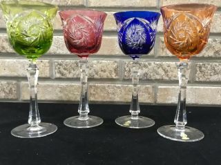 4 German Echt Bleikristall Bohemian Wine Glass Cut To Clear Crystal Multi Color