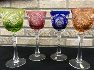 4 German Echt Bleikristall Bohemian Wine Glass Cut to Clear Crystal Multi Color 2